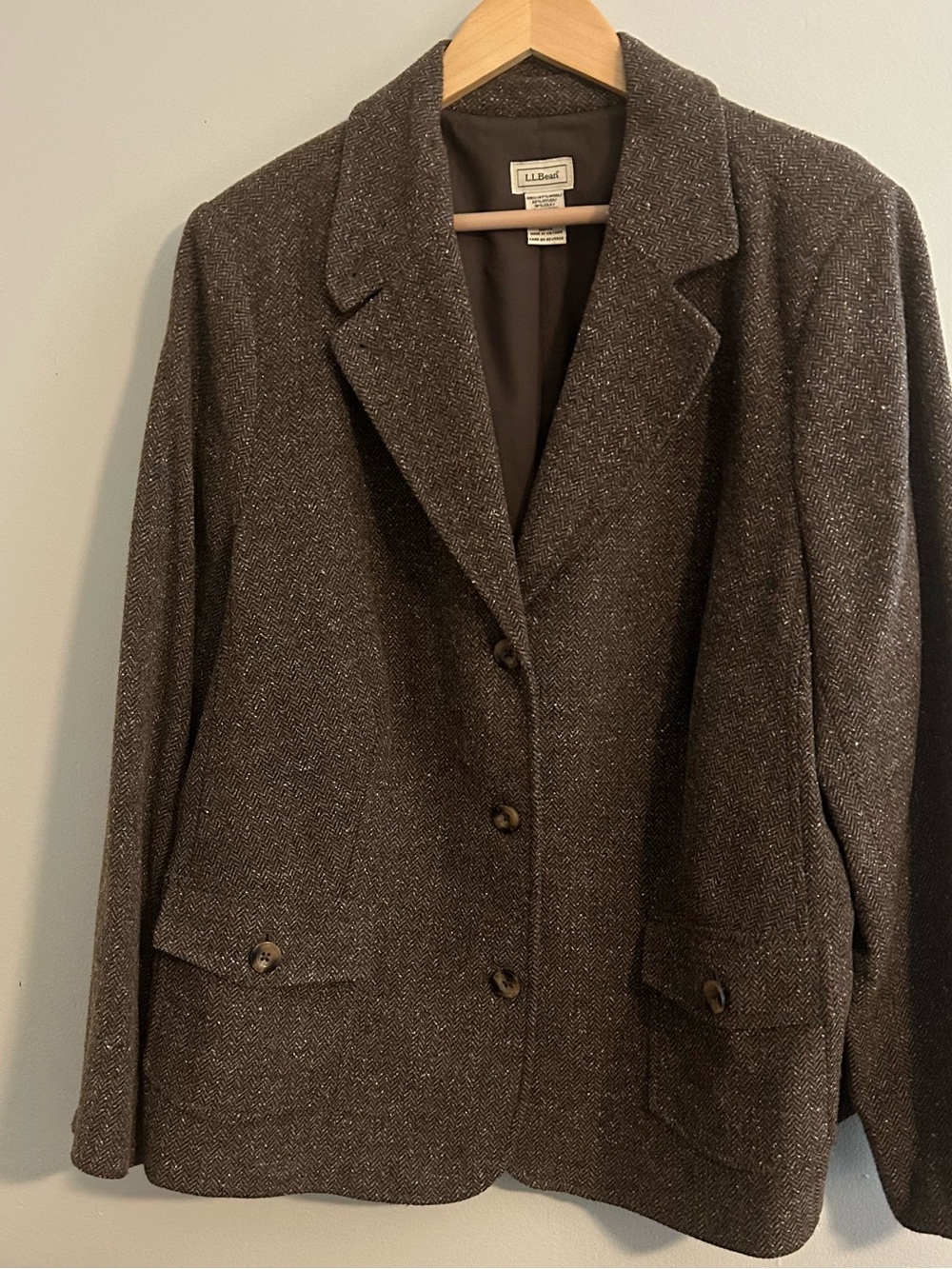 L.L.Bean 2X Brown Herringbone Wool Silk Tweed Blazer